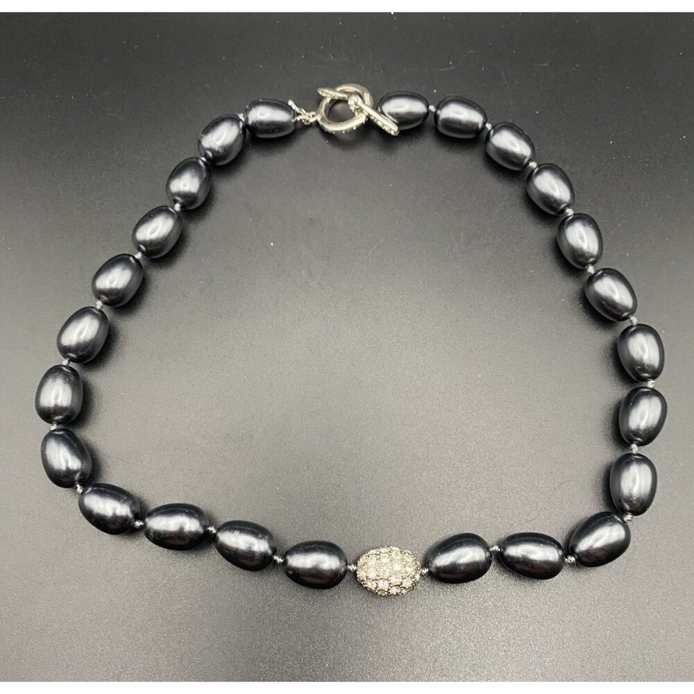 Monet Faux Black Pearl Necklace Baroque Silver Tone Toggle Rhinestone Station 16